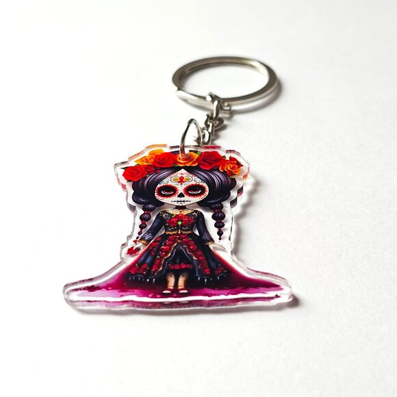 Day of the Dead Sugar Skull Girl Keychain Acrylic Charm Dia de los Muertos - Picture 2 of 4